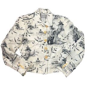 Liz Claiborne Jacket Womens sz 4 Cream Black Silk Vintage Village Asian Print